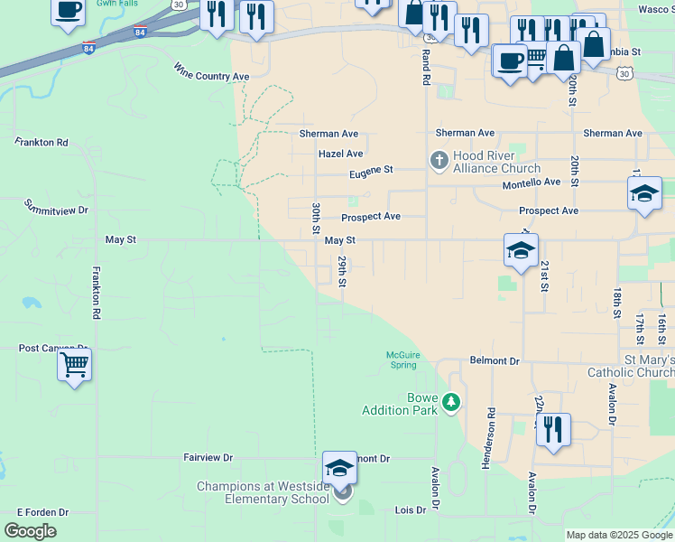 map of restaurants, bars, coffee shops, grocery stores, and more near 900 Falcon Court in Hood River
