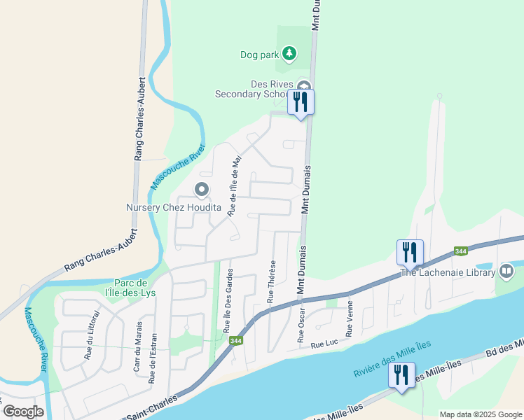 map of restaurants, bars, coffee shops, grocery stores, and more near 212 Rue de l'Ile Morris in Terrebonne