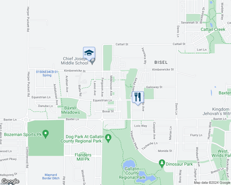 map of restaurants, bars, coffee shops, grocery stores, and more near 2350 Milkhouse Avenue in Bozeman