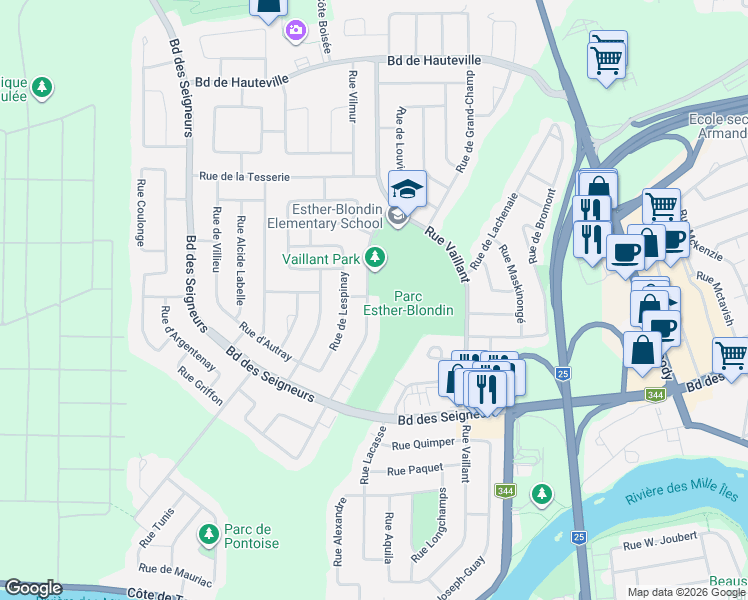 map of restaurants, bars, coffee shops, grocery stores, and more near 724 Rue de Cloridan in Terrebonne