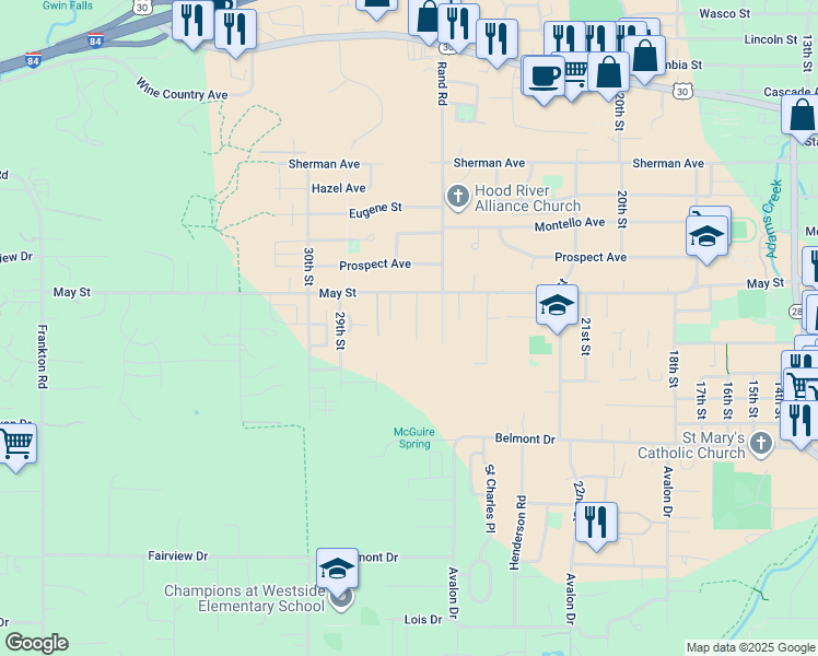 map of restaurants, bars, coffee shops, grocery stores, and more near 1018 28th Street in Hood River
