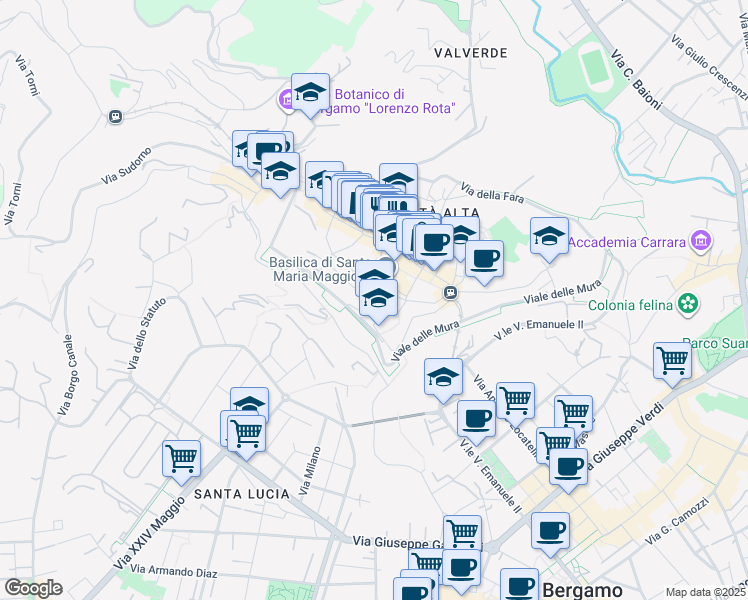 map of restaurants, bars, coffee shops, grocery stores, and more near 2 Via Arena in Bergamo