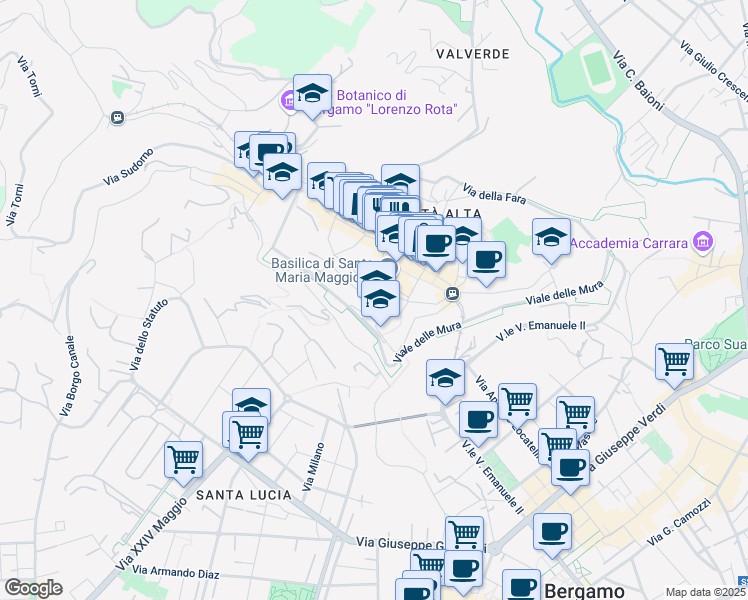 map of restaurants, bars, coffee shops, grocery stores, and more near 2 Via Arena in Bergamo