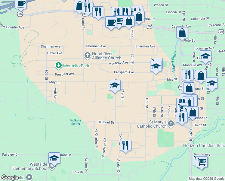 map of restaurants, bars, coffee shops, grocery stores, and more near 2273 June Street in Hood River