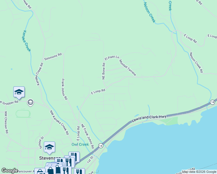 map of restaurants, bars, coffee shops, grocery stores, and more near 3031 Loop Road in Stevenson