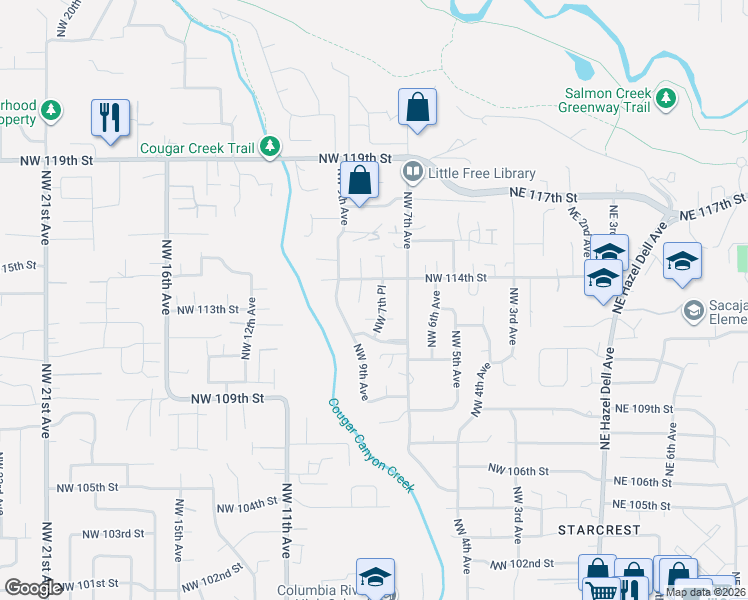 map of restaurants, bars, coffee shops, grocery stores, and more near 11306 Northwest 7th Place in Vancouver