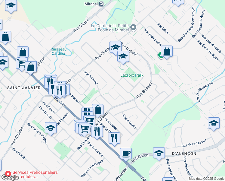map of restaurants, bars, coffee shops, grocery stores, and more near 13730 Rue de Troyes in Mirabel