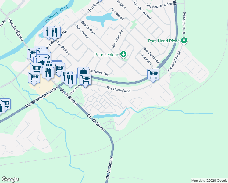 map of restaurants, bars, coffee shops, grocery stores, and more near 9804 Rue Henri-Piché in Mirabel