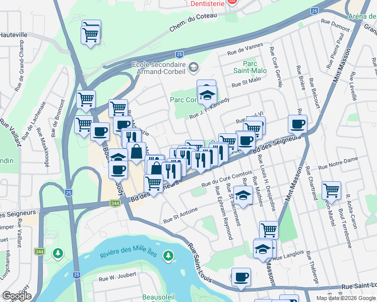 map of restaurants, bars, coffee shops, grocery stores, and more near 1105 Rue De La Saulaie in Terrebonne