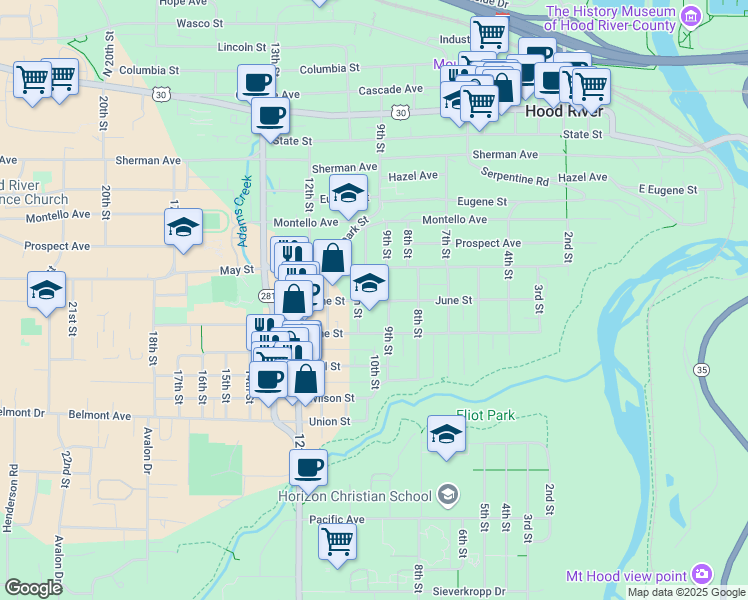 map of restaurants, bars, coffee shops, grocery stores, and more near 911 May Street in Hood River