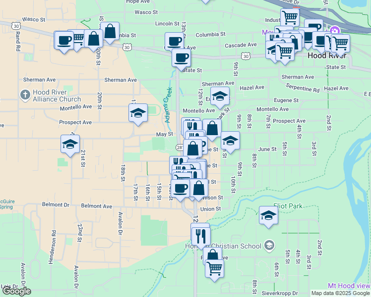 map of restaurants, bars, coffee shops, grocery stores, and more near 918 12th Street in Hood River