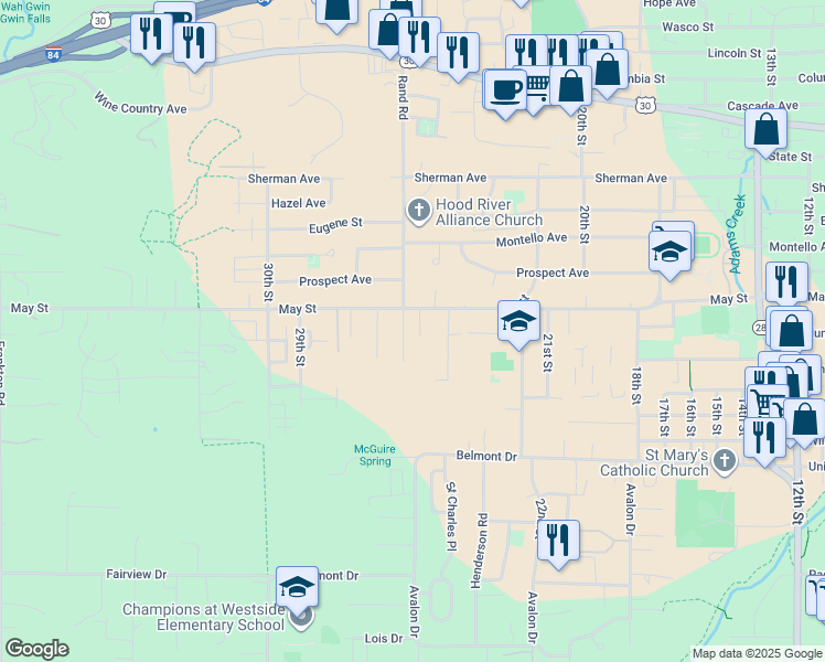 map of restaurants, bars, coffee shops, grocery stores, and more near 929 Rand Road in Hood River