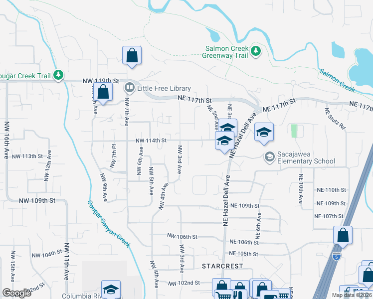 map of restaurants, bars, coffee shops, grocery stores, and more near 11305 Northwest 2nd Court in Vancouver