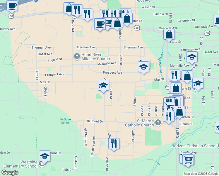 map of restaurants, bars, coffee shops, grocery stores, and more near 916 21st Street in Hood River