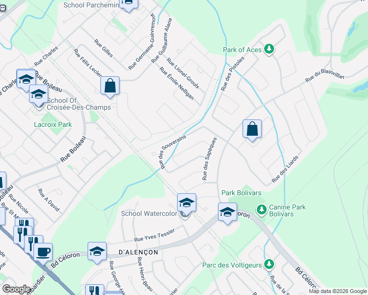 map of restaurants, bars, coffee shops, grocery stores, and more near 17 Rue des Dinars in Blainville