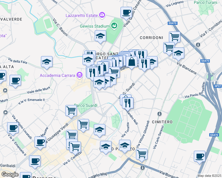 map of restaurants, bars, coffee shops, grocery stores, and more near 24 Via Alberico da Rosciate in Bergamo