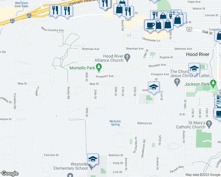 map of restaurants, bars, coffee shops, grocery stores, and more near 921 Goose Way in Hood River