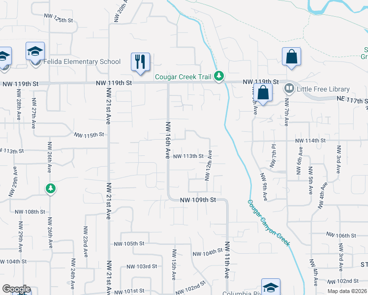 map of restaurants, bars, coffee shops, grocery stores, and more near 1414 Northwest 113th Street in Vancouver
