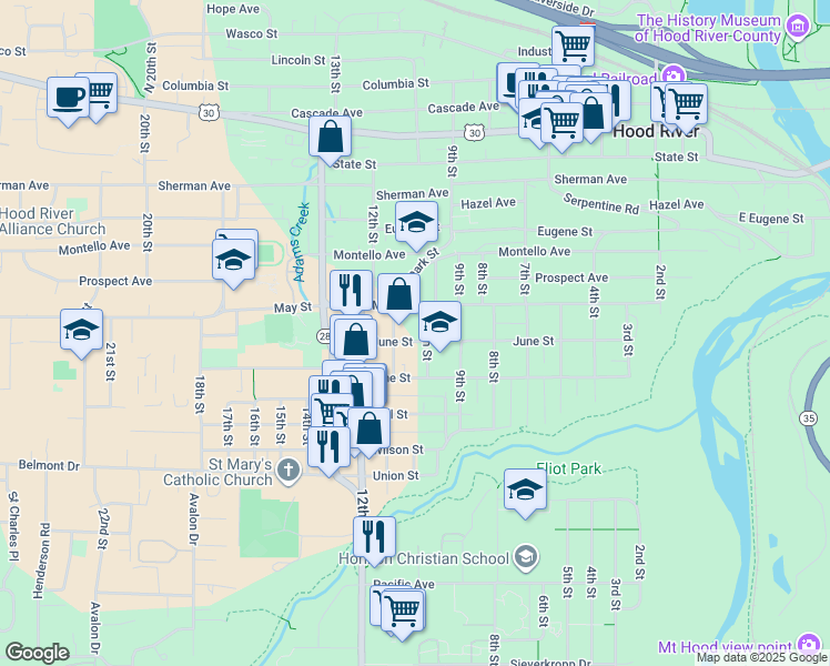 map of restaurants, bars, coffee shops, grocery stores, and more near 920 10th Street in Hood River