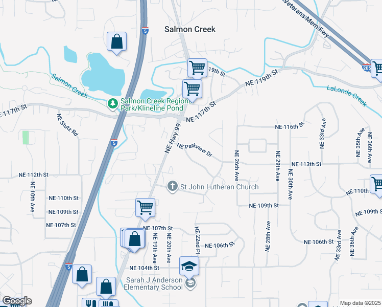 map of restaurants, bars, coffee shops, grocery stores, and more near 2128 Northeast Brookview Drive in Vancouver