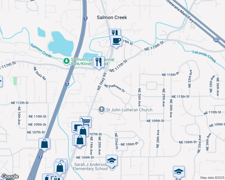 map of restaurants, bars, coffee shops, grocery stores, and more near 2128 Northeast Brookview Drive in Vancouver