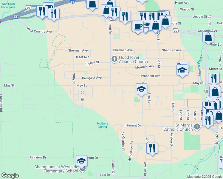 map of restaurants, bars, coffee shops, grocery stores, and more near 929 Rand Road in Hood River