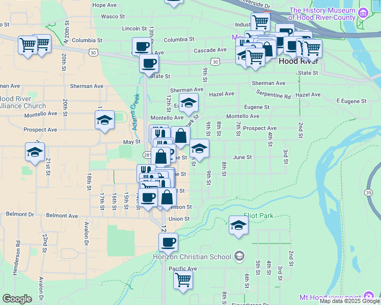 map of restaurants, bars, coffee shops, grocery stores, and more near 920 10th Street in Hood River