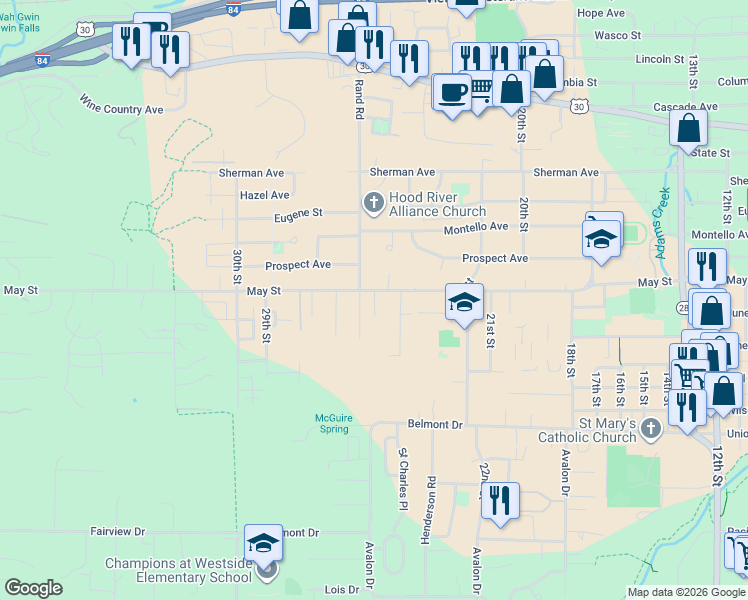 map of restaurants, bars, coffee shops, grocery stores, and more near 929 Rand Road in Hood River