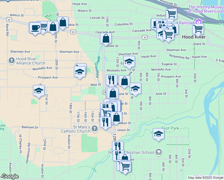 map of restaurants, bars, coffee shops, grocery stores, and more near 918 12th St in Hood River