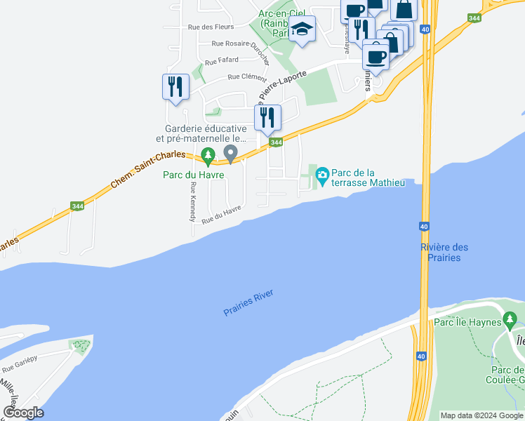 map of restaurants, bars, coffee shops, grocery stores, and more near 4326 Rue Prime in Terrebonne
