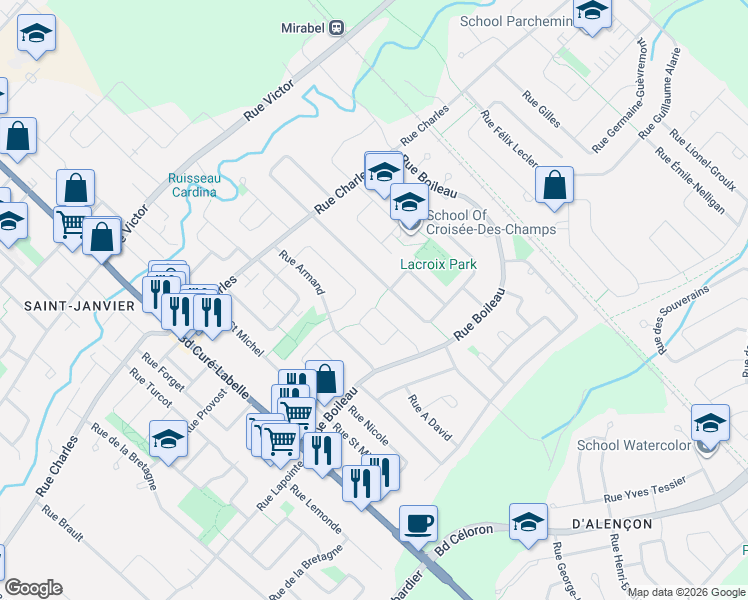 map of restaurants, bars, coffee shops, grocery stores, and more near 13715 Rue de Troyes in Mirabel
