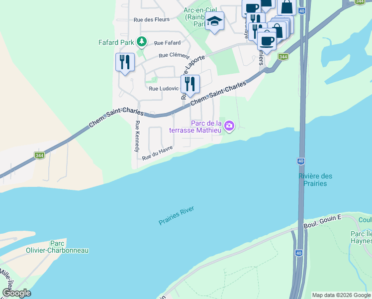 map of restaurants, bars, coffee shops, grocery stores, and more near 4326 Rue Prime in Terrebonne