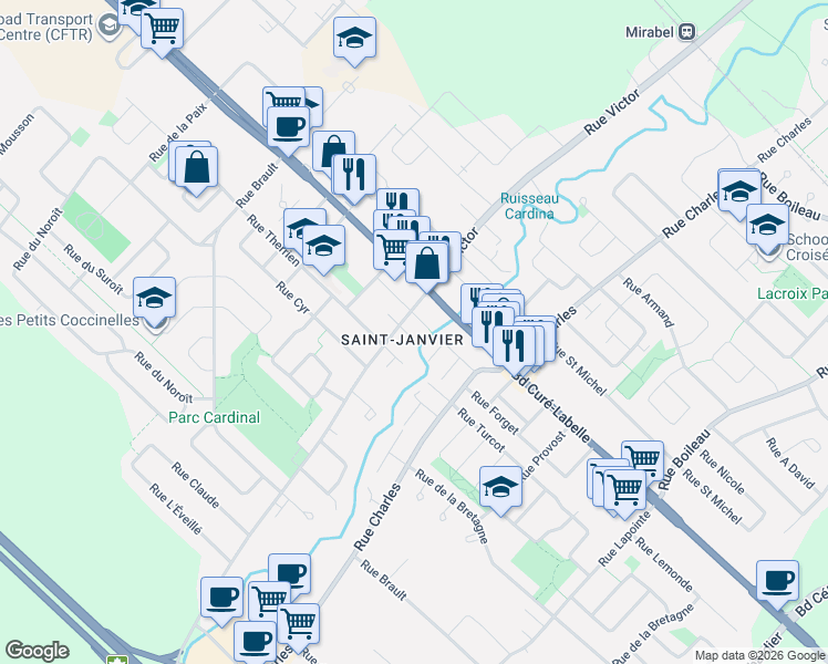map of restaurants, bars, coffee shops, grocery stores, and more near 13709 Rue Sainte Luce in Mirabel