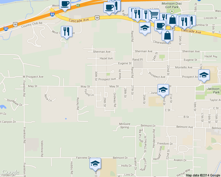 map of restaurants, bars, coffee shops, grocery stores, and more near 2873 May Street in Hood River