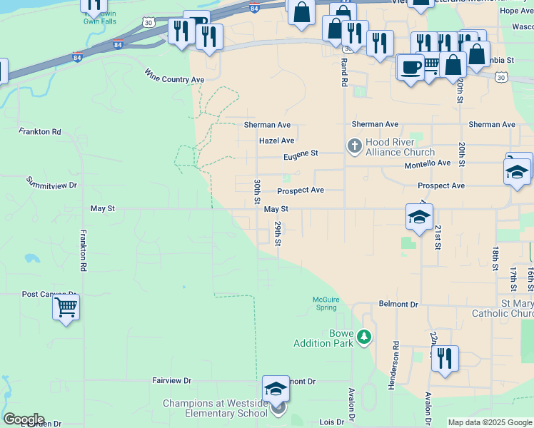 map of restaurants, bars, coffee shops, grocery stores, and more near 900 Falcon Court in Hood River