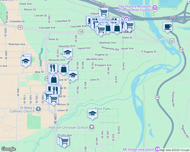 map of restaurants, bars, coffee shops, grocery stores, and more near 915 7th Street in Hood River