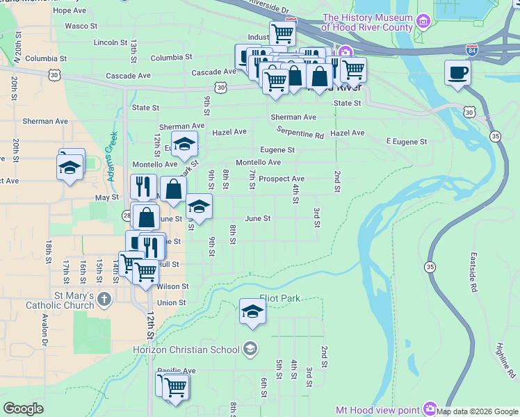 map of restaurants, bars, coffee shops, grocery stores, and more near 915 7th Street in Hood River