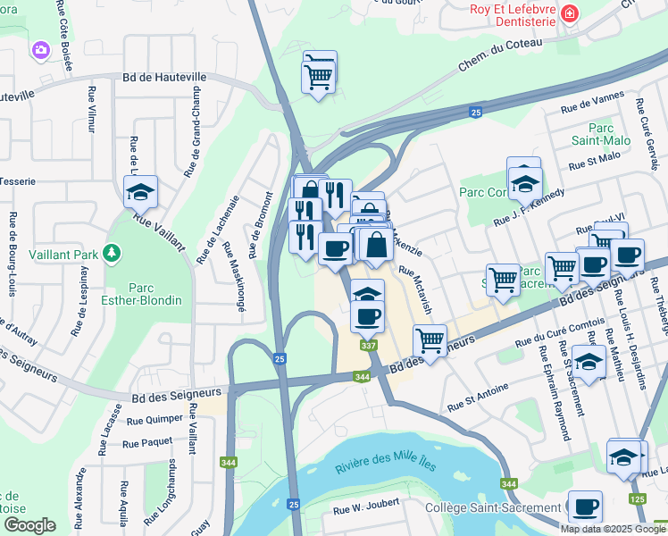 map of restaurants, bars, coffee shops, grocery stores, and more near 1280 Québec 337 in Terrebonne
