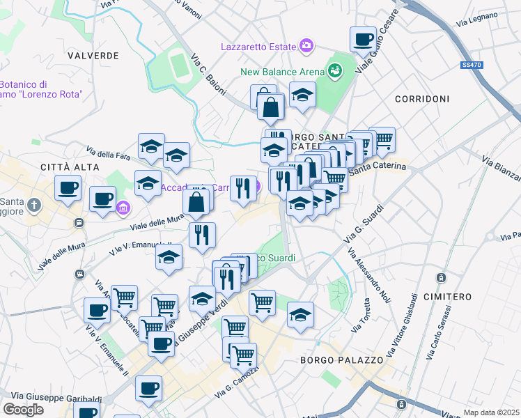 map of restaurants, bars, coffee shops, grocery stores, and more near 53 Via San Tomaso in Bergamo