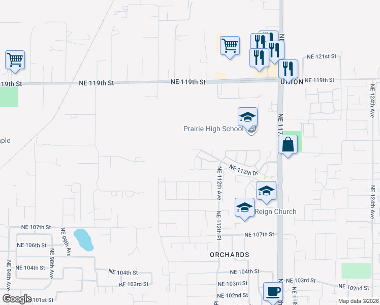 map of restaurants, bars, coffee shops, grocery stores, and more near 10907 Northeast 112th Drive in Vancouver