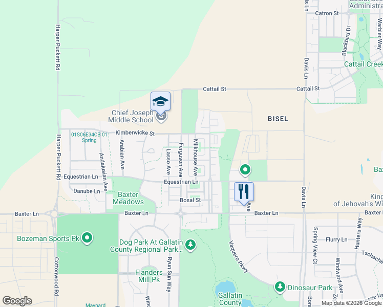 map of restaurants, bars, coffee shops, grocery stores, and more near 2421 Milkhouse Avenue in Bozeman