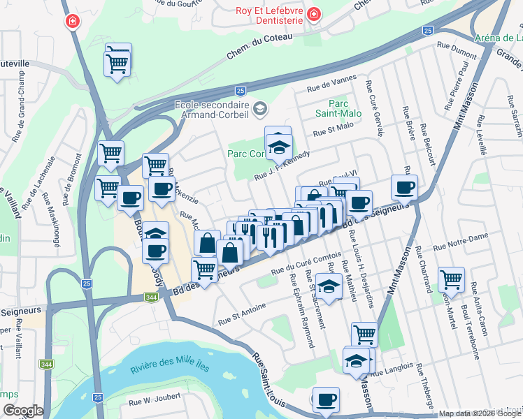 map of restaurants, bars, coffee shops, grocery stores, and more near 1119 Rue des Noyers in Terrebonne