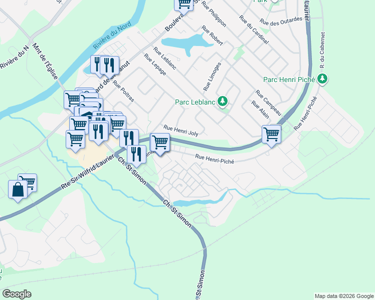 map of restaurants, bars, coffee shops, grocery stores, and more near 9739 Rue Henri-Piché in Mirabel