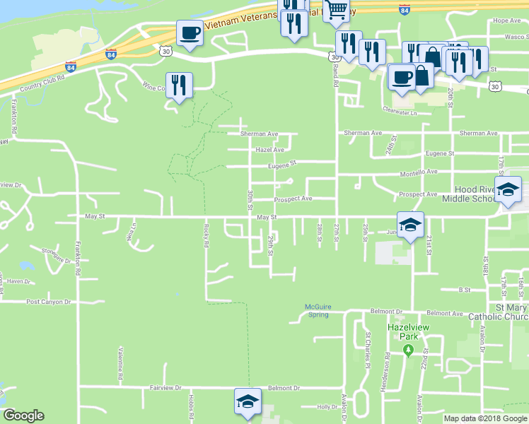 map of restaurants, bars, coffee shops, grocery stores, and more near 2920 May Street in Hood River