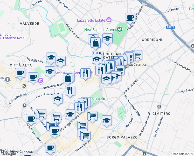 map of restaurants, bars, coffee shops, grocery stores, and more near 53 Via San Tomaso in Bergamo