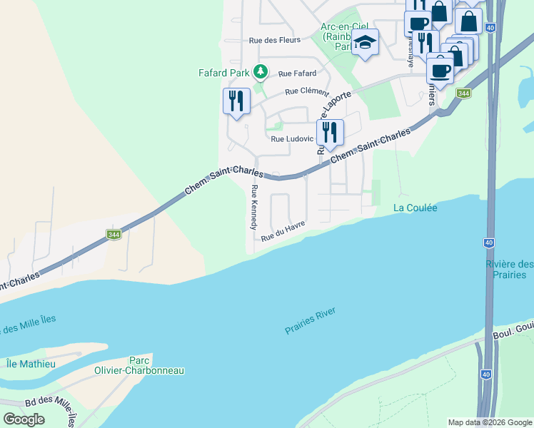 map of restaurants, bars, coffee shops, grocery stores, and more near 128 Rue du Relais in Terrebonne