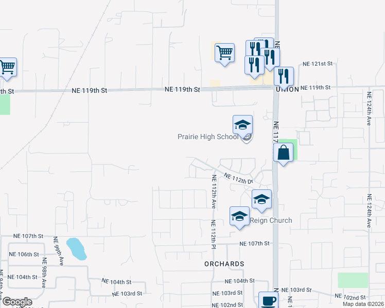 map of restaurants, bars, coffee shops, grocery stores, and more near 11015 Northeast 112th Drive in Vancouver