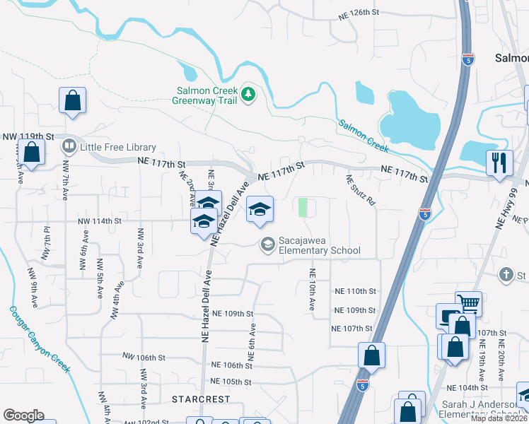 map of restaurants, bars, coffee shops, grocery stores, and more near 609 Northeast 115th Circle in Vancouver