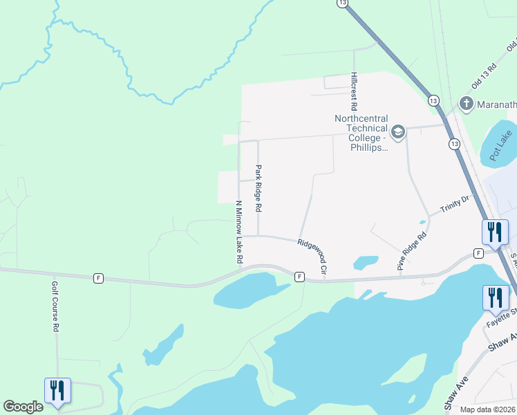 map of restaurants, bars, coffee shops, grocery stores, and more near 1410 Park Ridge Road in Phillips