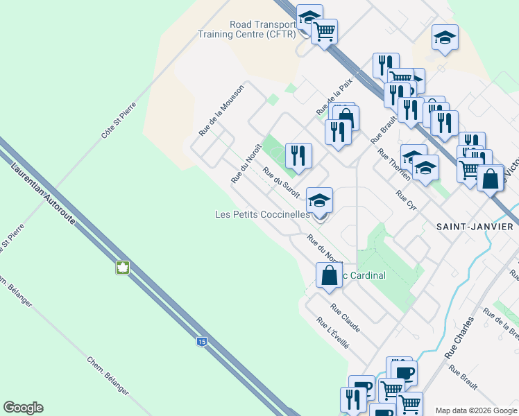 map of restaurants, bars, coffee shops, grocery stores, and more near 13835 Rue du Noroît in Mirabel
